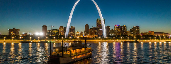 St. Louis Skyline with the Gateway Arch and Gateway Arch Riverboats.  – provided by Explore St. Louis