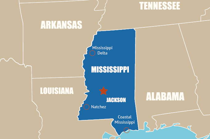Highlight Karte von Mississippi - der "Magnolien-Staat"