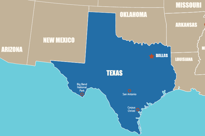 Highlight Karte von Texas - der "Lone Star State"